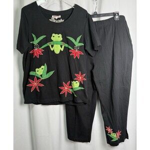 Vintage Kaktus Knits Embroidery Frog Top & Capri 2 Piece Cotton Set Sz Lg New